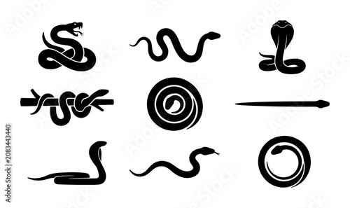 Foto Set of 9 Black Snake Vector Icons, Cobra and Serpent Silhouettes, Reptile Graphi