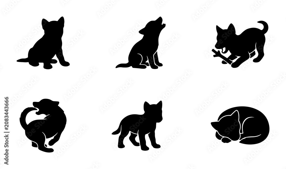 Fototapeta premium Dog Silhouette Icons Set, Puppy Poses Vector Graphics, Canine Animal Graphics, Black and White Vector Collection for Design