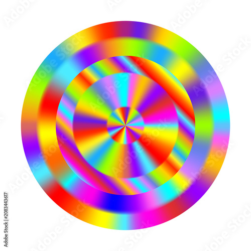 Vibrant neon rainbow concentric rings with multi-angle radial stripes. Colorful glowing spectrum circles isolated on transparent background. Retro Y2K holographic asset. PNG