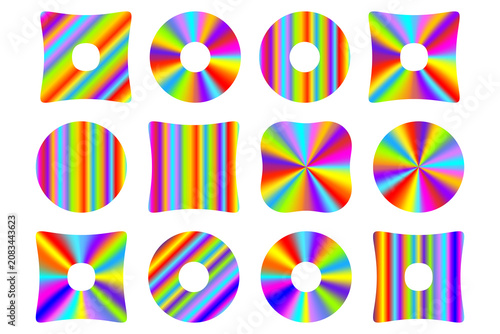 Mega collection of vibrant neon rainbow geometric shapes isolated on transparent background. Bundle of twelve Y2K acid style design elements, striped squircles and gradient circles. Ready to use PNG