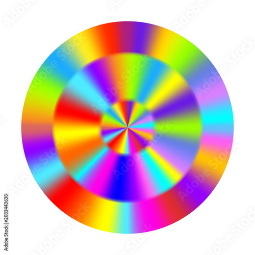Vibrant neon rainbow circular element with concentric bands and radial stripes. Glowing spectrum orb isolated on transparent background. Retro Y2K holographic asset. PNG