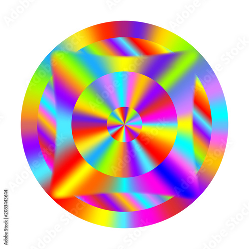 Vibrant neon rainbow circle with overlapping squircle shape. Colorful glowing concentric geometry isolated on transparent background. Retro Y2K holographic asset. PNG
