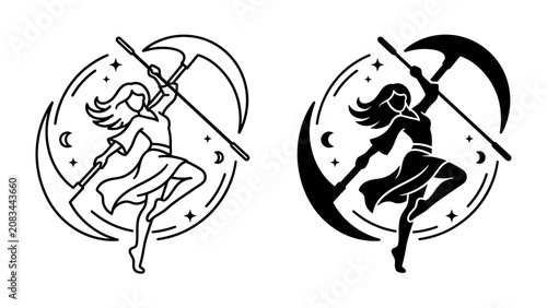 Photos Mystical Figure with Scythe and Crescent Moon Emblem: A stylized illustration of a woman wielding a scythe, set within a circular motif featuring a crescent moon and stars