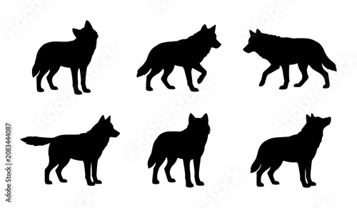 Schilderij op canvas Wolf Silhouettes Collection, Wild Animal Vector Icons, Canine Wildlife Graphics,