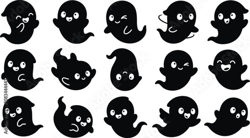 Cute halloween ghost silhouette icon set flat vector graphics with halloween silhouette collection