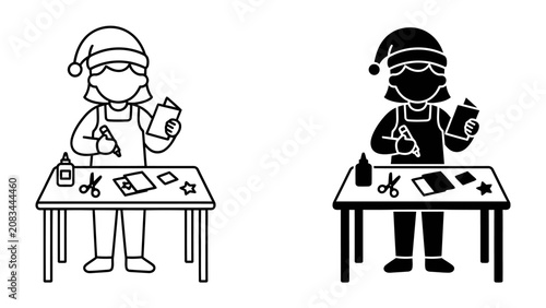 Photos Christmas Crafting Duo: Two stylized figures in Santa hats and aprons are engrossed in creating holiday crafts at a table, one in outline and the other in silhouette
