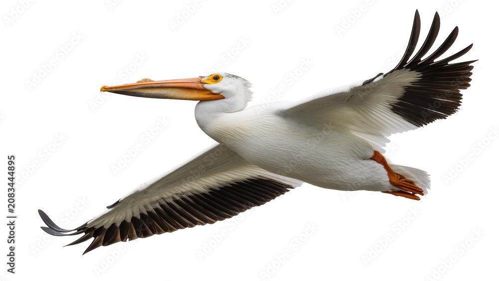 Fototapeta premium White pelican bird in flight with wings spread wide