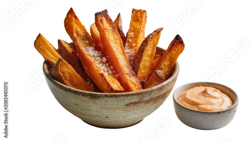 Photography Crispy potato wedges with sea salt and dipping sauce