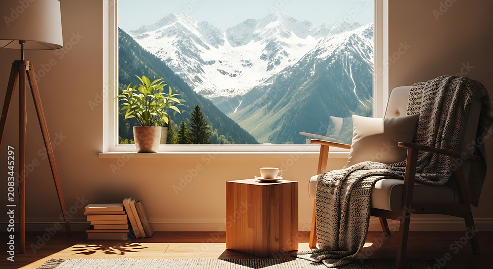 Fototapeta premium Cozy living room interior with a scenic mountain view through a large window