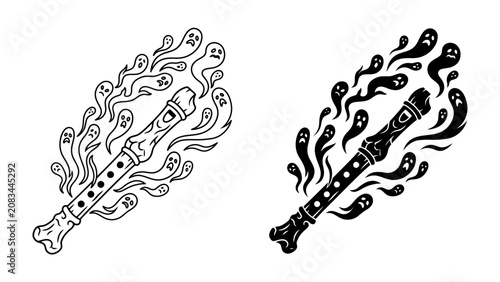 Schilderij op canvas Haunting Melody: A recorder with a bone-like mouthpiece is engulfed in a swirling vortex of ghostly apparitions, creating an eerie and mystical composition