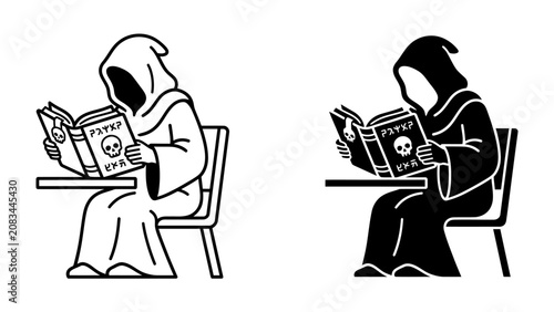 Fotografía Grim Reaper Student: A shadowy figure, perhaps death itself, is depicted as a student diligently studying a book on a desk, a skull and crossbones adorning its cover