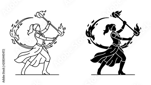 Obraz na plátně Fire Dancer Emblem: A stylized graphic design depicts a woman performing with fire, holding a flaming staff and creating a fiery circle