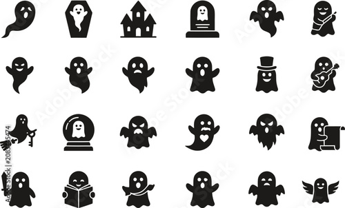 Diverse halloween ghost collection vector icons featuring spooky characters and thematic elements