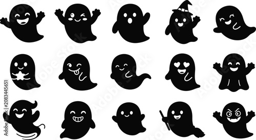 Halloween ghost silhouette collection in flat black style with silhouette halloween character