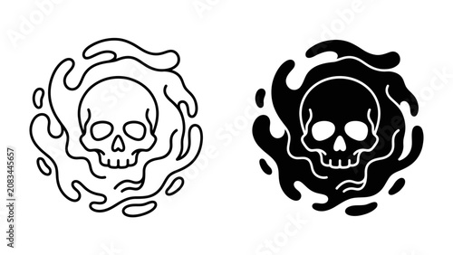 Foto Skull with Swirling Motion: A minimalist icon featuring a skull, rendered in both line art and solid black, is enveloped by dynamic, abstract swirling shapes, suggesting mystery and danger