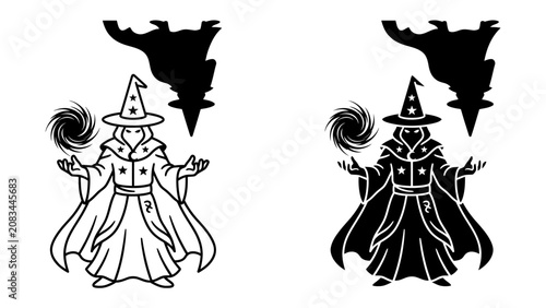 Foto Mystical Wizard Casting Spell: A powerful wizard in a pointed hat and flowing robe conjures magical energy with swirling orbs on either side of his hands, silhouetted against a dark