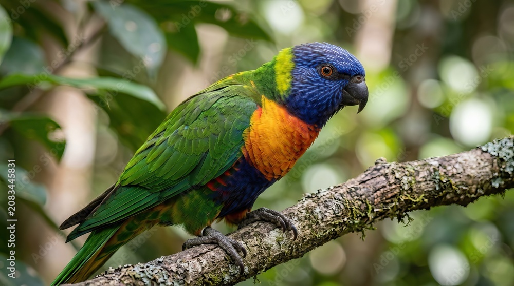 Obraz premium Vibrant Rainbow Lorikeet Perched on Mossy Branch