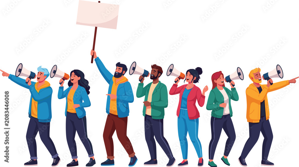 Obraz premium Protest illustration, group demonstration, people with megaphones, activism artwork, social movement, collective action, advocacy concept, public voice, community engagement