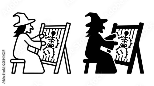 Canvastavla Witch and Skeleton Blueprint: Two stylized illustrations depict a witch in a pointed hat and robe, working on a skeletal diagram on an easel