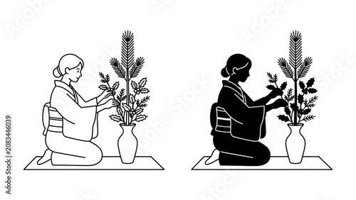 Cuadro en lienzo Ikebana Arrangement: A woman in a traditional kimono kneels gracefully, arranging flowers and foliage in a vase, creating an artful Ikebana display