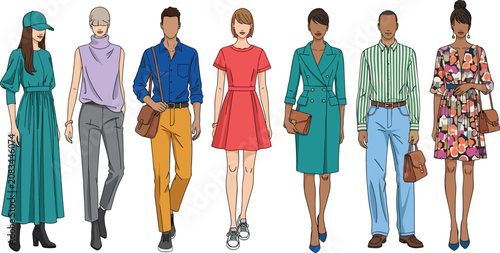 Tableau sur toile Fashion illustration, stylish outfits, trendy clothing, modern attire, colorful
