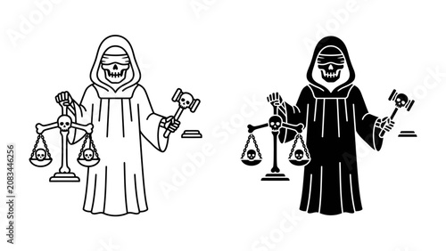 Bilde på lerret Justice or Death: A stark representation of justice personified as a grim reaper figure, holding the scales of justice and a gavel, symbolizing the ultimate consequence of legal proceedings