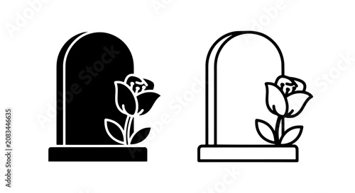 Foto Tombstone grave marker icon with floral ornament design, cemetery