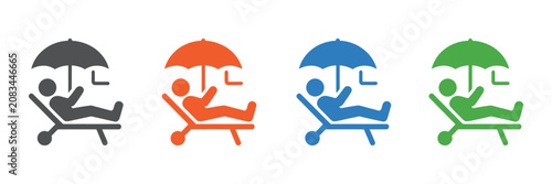Photography Relaxation icon featuring person on beach chair under umbrella for vacation, lei