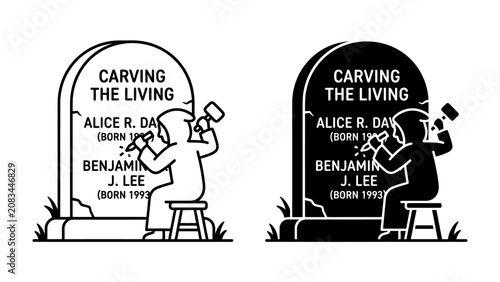 Carving Legacy: A figure meticulously carves a tombstone, engraving names and birth years, representing the enduring mark left behind.