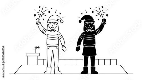 Tablou pe pânză Holiday Sparklers: Two cheerful figures, one in outline and the other in silhouette, wear Santa hats and hold sparkling sparklers aloft against a backdrop of festive buildings