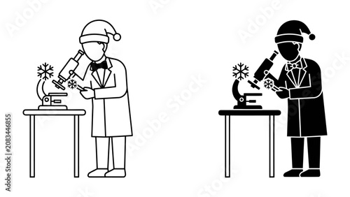 Fotografie Festive Scientist: A scientist in a lab coat, wearing a Santa hat and bowtie, peers into a microscope on a lab table, symbolizing holiday research and innovation