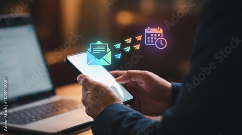Digital Workflow Office Management: Professional Email Inbox Communication, Calendar Scheduling Automation, and Corporate Task Time Optimization Using Smartphone Mobile App in Workspace Environment