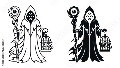 Billede på lærred Mystical Entity with Staff and Cage: A stylized, cloaked figure with multiple eyes and a staff topped with an eye stands beside a cage containing a creature, presented in both outline and silhouette