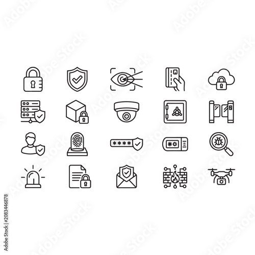 Security and Cybersecurity Line Icons data  Lock, Shield and Privacy user safety Vector Collection set