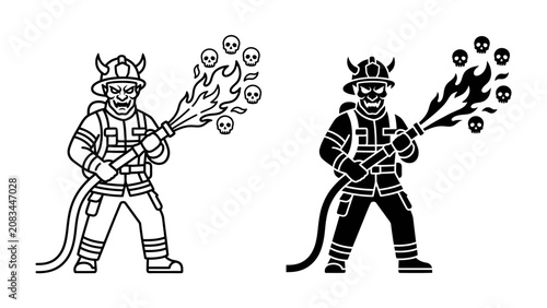 Firefighter Fighting Evil: A brave firefighter clad in protective gear bravely confronts a fiery inferno, bravely blasting flames infused with skull motifs.
