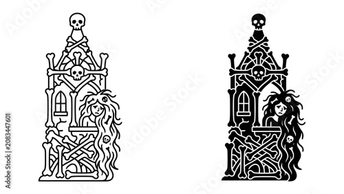 Gothic Crypt Illustration: An eerie gothic crypt illustration, featuring a skeletal figure, crosses, and a distressed woman with flowing hair, rendered in both line art and silhouette styles.