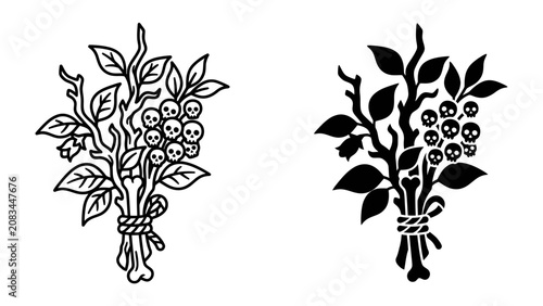 Eerie Botanical Emblem: A detailed illustration depicts a macabre bouquet of branches, leaves, and berries, with tiny skulls hidden amongst the foliage, rendered in both line art and silhouette.