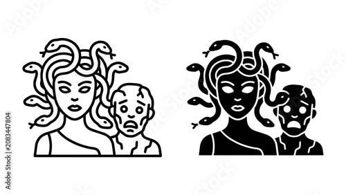 Konstfotografi Medusa and Petrified Man: A mythical Medusa with serpent hair and a petrified man with a horrified expression, depicted in a stark, iconic linework style