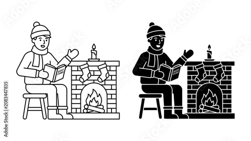 Принти на полотні Christmas Caroler by Fireplace: A young boy dressed in winter attire sits by a cozy fireplace adorned with stockings, singing carols from a book, evoking the spirit of the holiday season