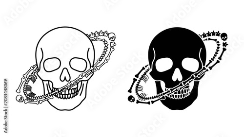 Skull and Crossbones Graphic Element: A stylized graphic featuring a skull and crossbones, with bone elements forming a swirling orbit.