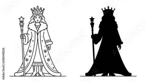 Fotografía Queen Portrait and Silhouette: A regal queen adorned with a crown, fur-lined robe, and holding a scepter, depicted in both line art and a striking silhouette, embodying royalty and power