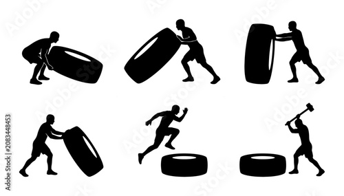 фотографія Fitness Silhouette Set: Tire Flips, Sled Pushes, Sledgehammer Swings, Agility Dr