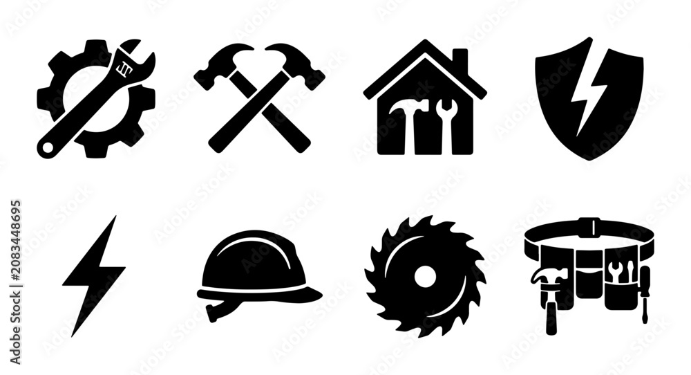 Fototapeta premium Construction and Repair Icons Set: Tools, Safety Gear, and Building Symbols for DIY and Professional Projects