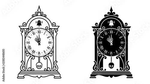 Haunted Clock Tower Illustration: A pair of ornate, vintage grandfather clocks, rendered in black and white and silhouette, feature Roman numerals, a pendulum with a skull.