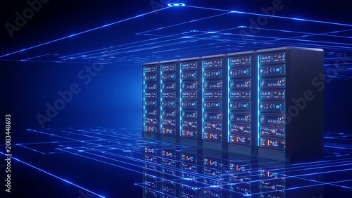 Modern server racks glow in a futuristic data center, surrounded by vibrant blue network lines. This high-tech digital infrastructure symbolizes cloud computing, AI, big data, and secure global