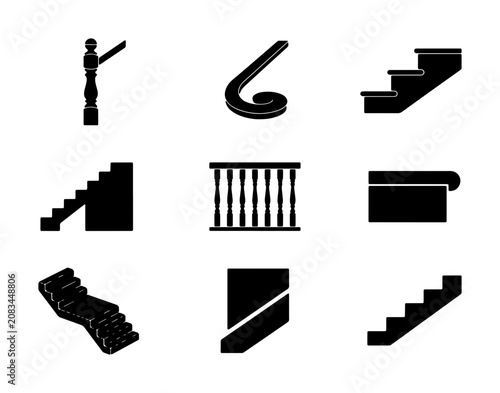 Architectural Stair Elements, Balusters, and Railings Vector Icons Set: Classic Design for Interior and Exterior Building Concepts
