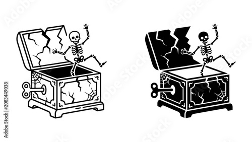 Tableau sur toile Skeleton Jack-in-the-Box Surprise: A cracked and vintage jack-in-the-box springs open, revealing a dancing skeleton with a mischievous grin, ready to startle and amuse with its playful surprise