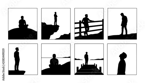 Canvastavla Silhouette Man Pondering, Contemplating, and Reflecting in Diverse Outdoor Scene