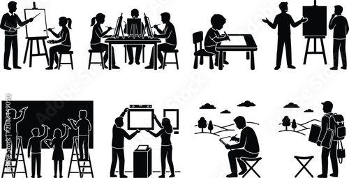 Art school class and artist silhouettes set with people painting on easels drawing and hanging artwork