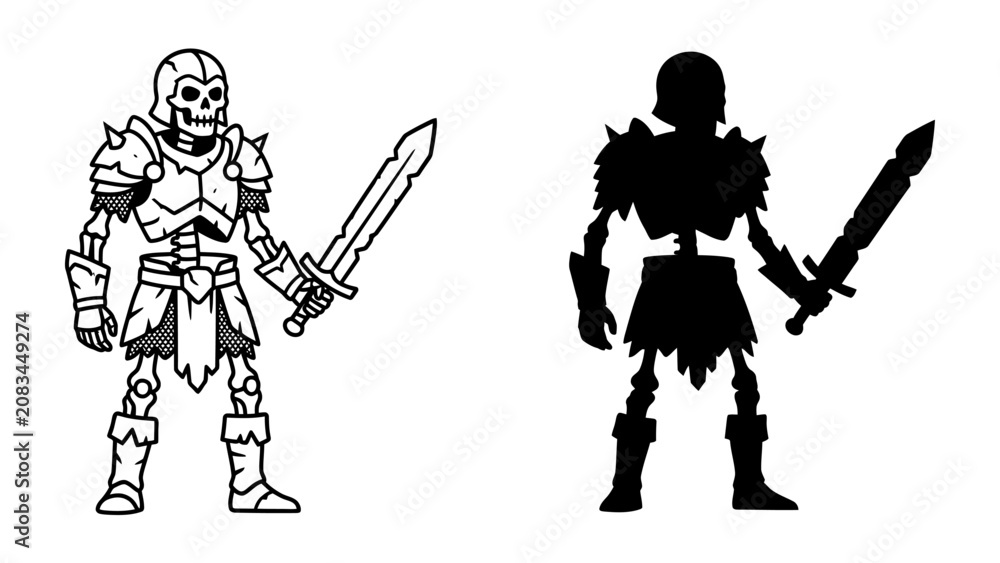 Fototapeta premium Skeleton Warrior Illustration: A skeletal warrior in battle armor, wielding a sword, presented in both an outline and a silhouette style, evoking a sense of fantasy and combat.
